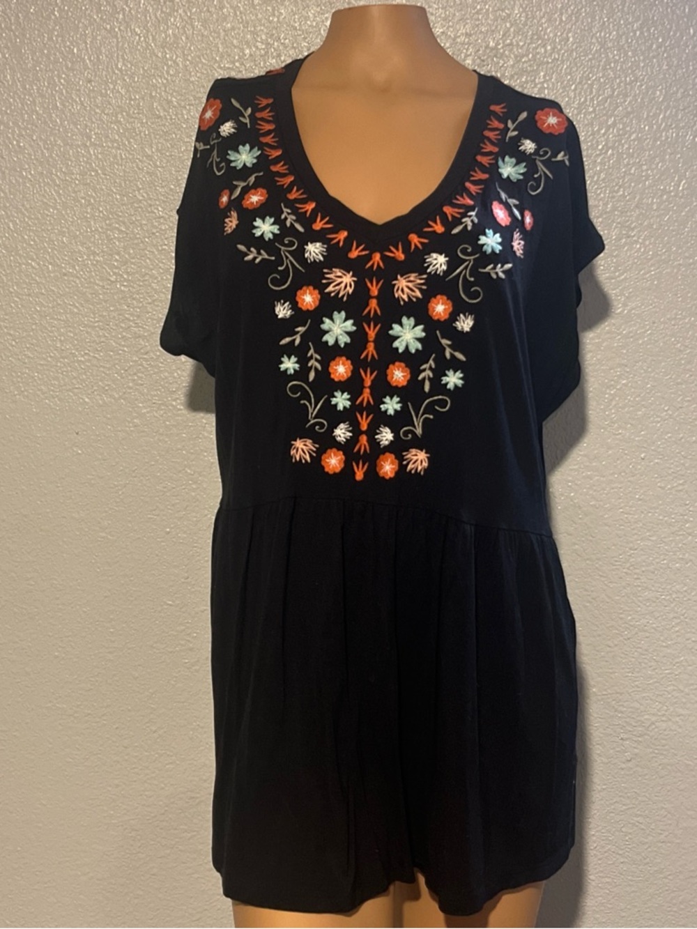Style & Co. Black Top with Orange and Light Blue Floral Embroidery